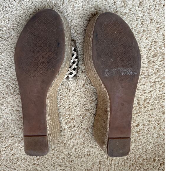 Tory Burch Bronze Leather Thatched Platform Wedge Sandals Size 8.5 - Picture 3 of 10